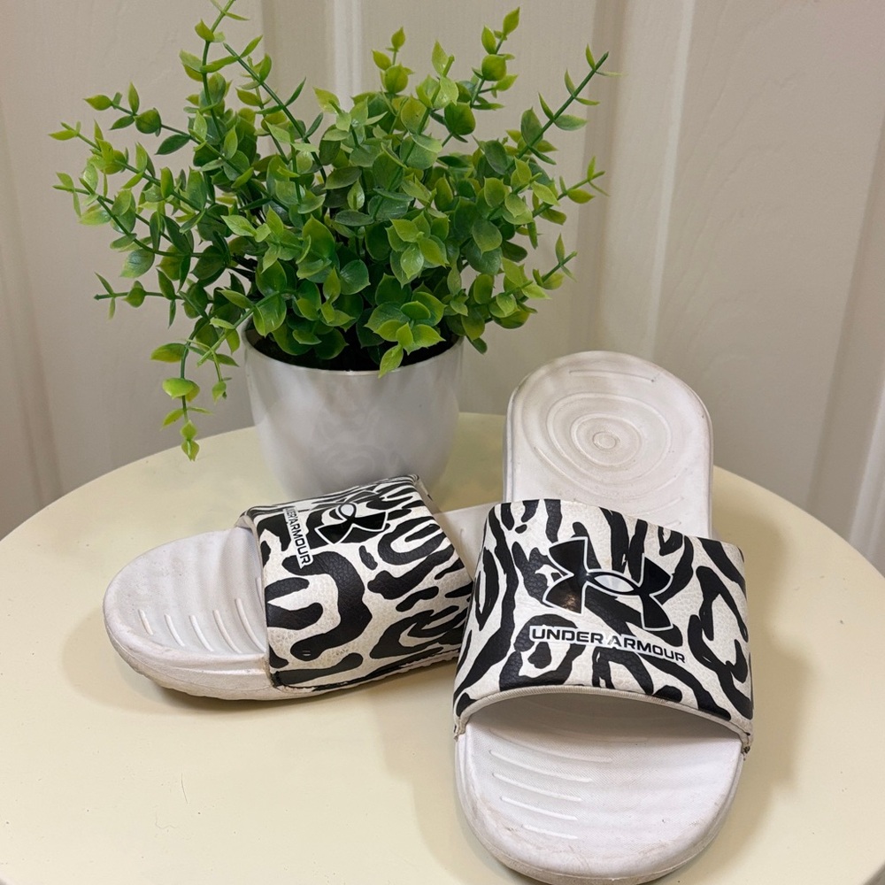 Under Armour Black and White Animal Print Slides